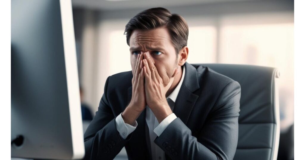 不安な顔、ビジネスマン、顔に手をやっている、３０代、パソコンを見つめている